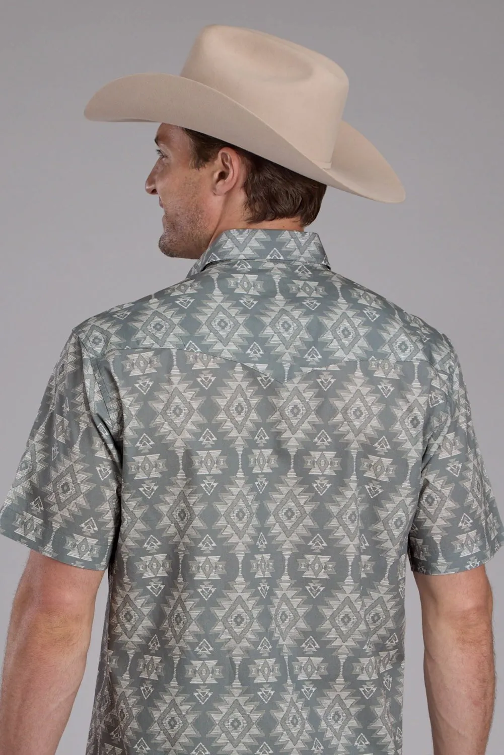 Roper Mens Horizontal Scribble Aztec Grey 100% Cotton S/S Shirt Handcrafted Detail Tuckable Hem