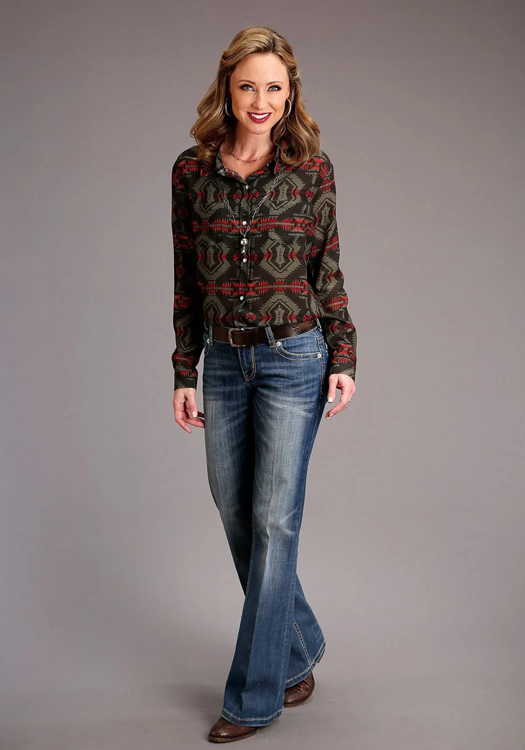 Functional Style Premium Fit Stetson Womens Brown Rayon/Nylon Challis Blanket L/S Blouse