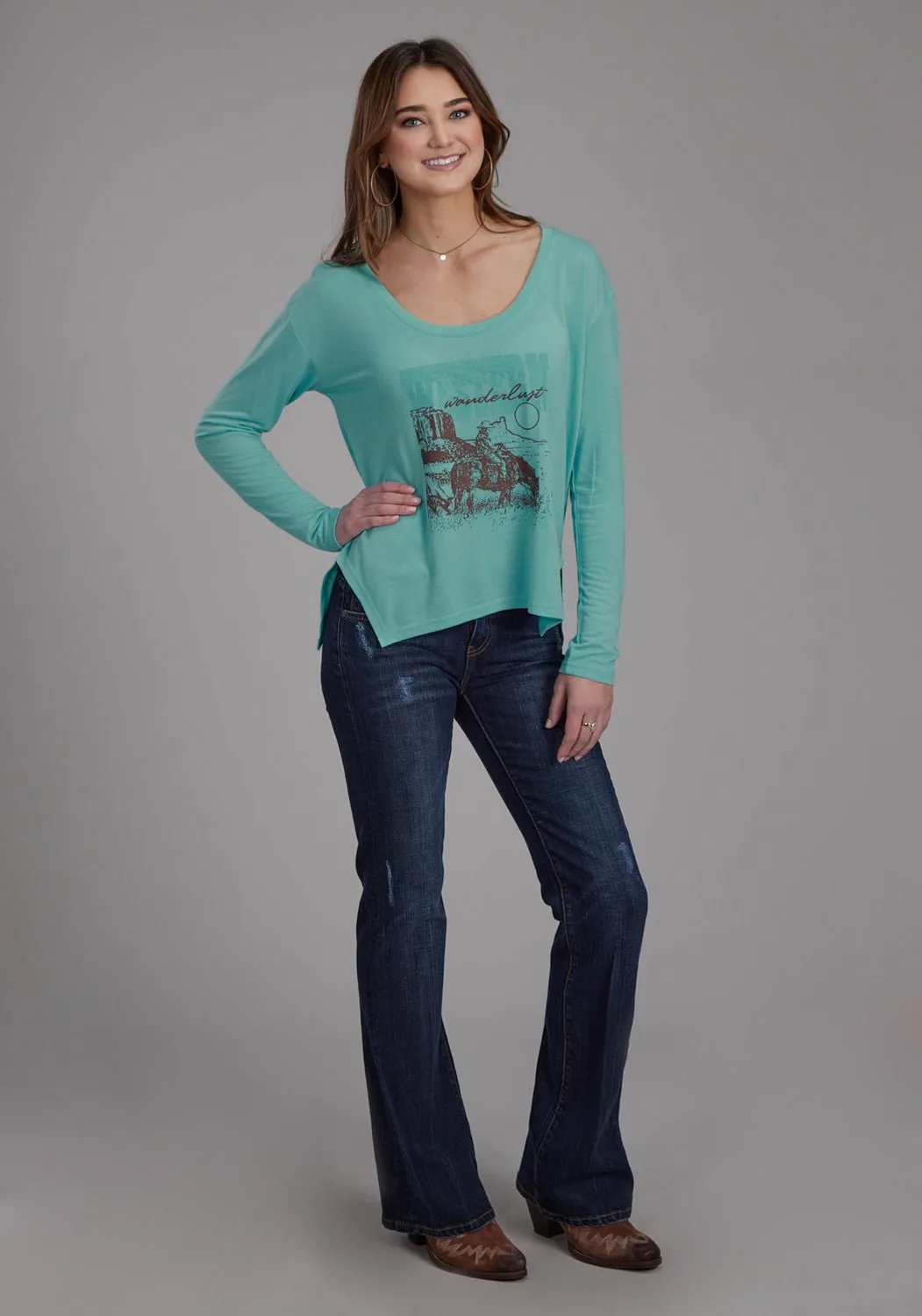 Roper Womens Wanderlust Turquoise Poly/Rayon L/S T-Shirt Cool Essentials Daily Attire