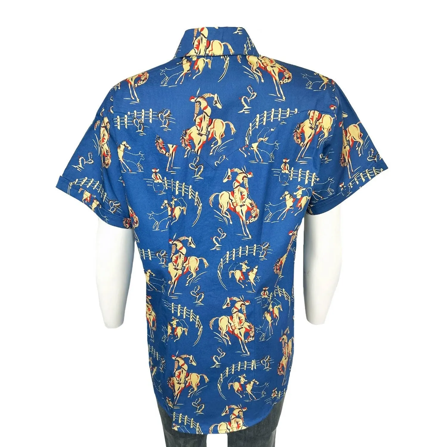 Rockmount Womens Vintage Bronc Print Blue 100% Cotton S/S Shirt Casual Elegance