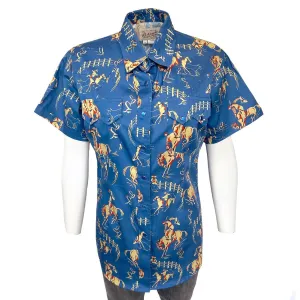 Modern Styles Rockmount Womens Vintage Bronc Print Blue 100% Cotton S/S Shirt Go-To Look Relaxed Style Rockmount Womens Vintage Bronc Print Blue 100% Cotton S/S Shirt