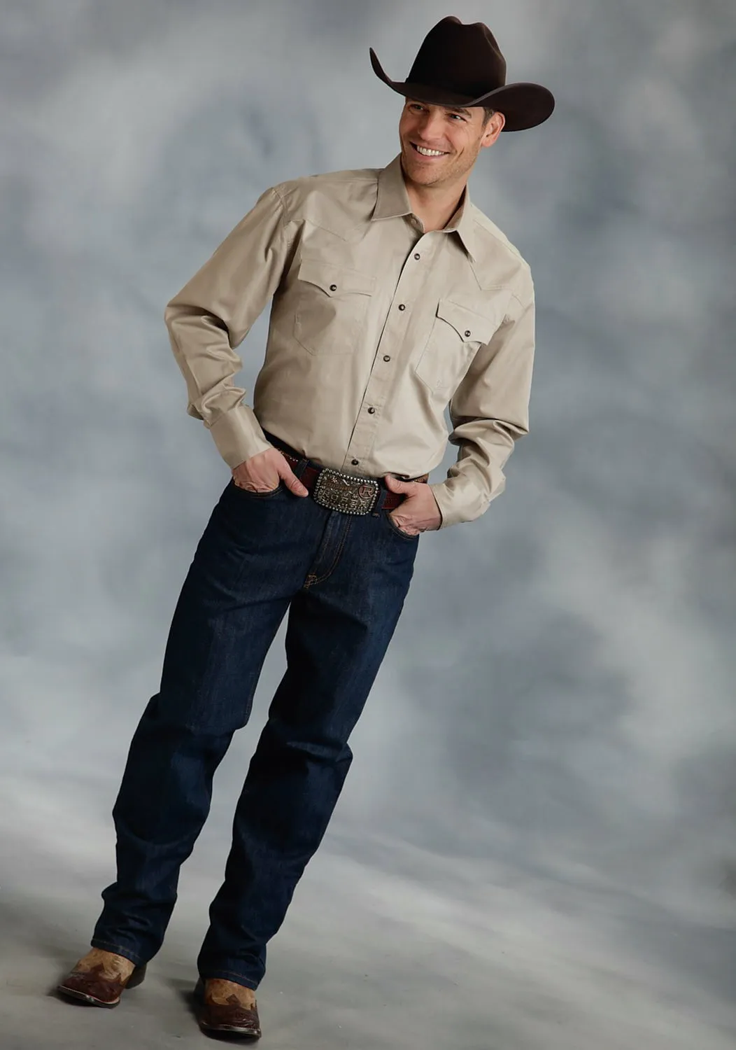 Stretchable Cloth garden party Roper Special Program Mens Tan 100% Cotton L/S Poplin Western Shirt