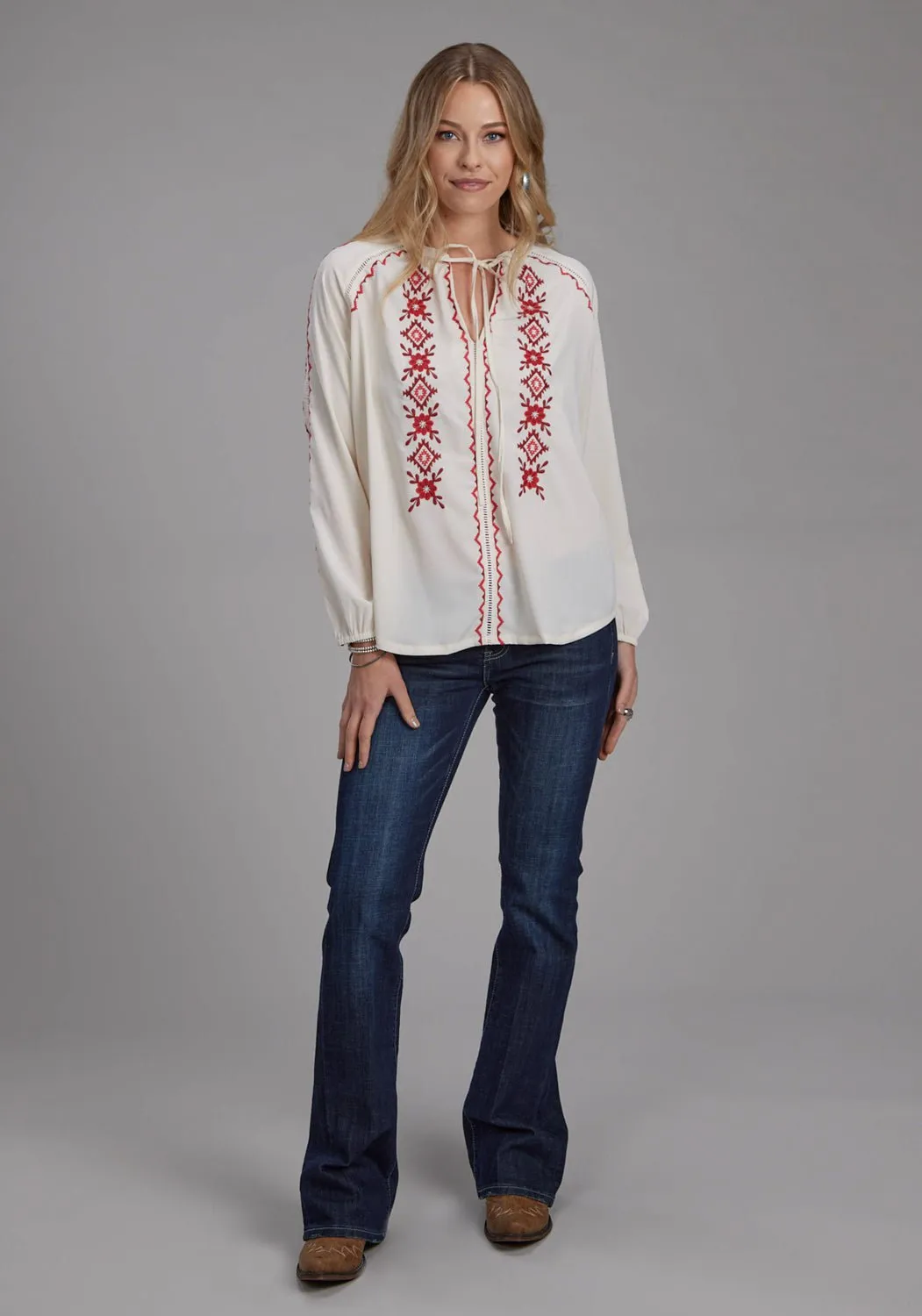 Trendy Outfit Roper Womens Red Geometric Self Tie Cream 100% Polyester L/S Blouse