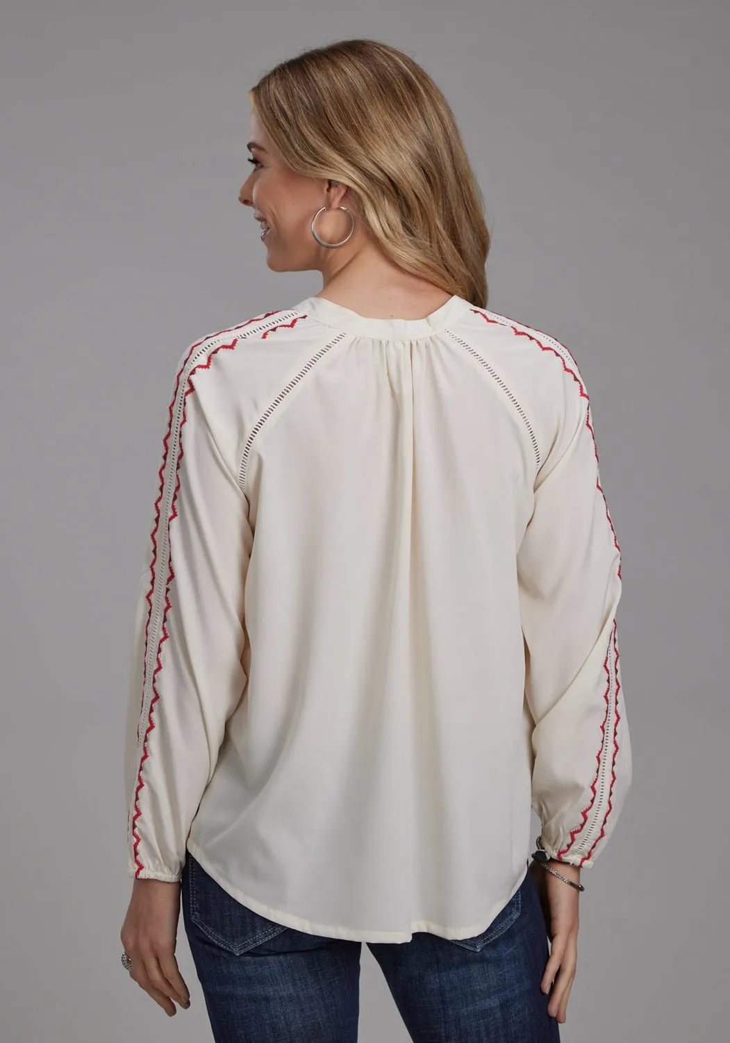 Roper Womens Red Geometric Self Tie Cream 100% Polyester L/S Blouse tailored look Sustainable Dye Process