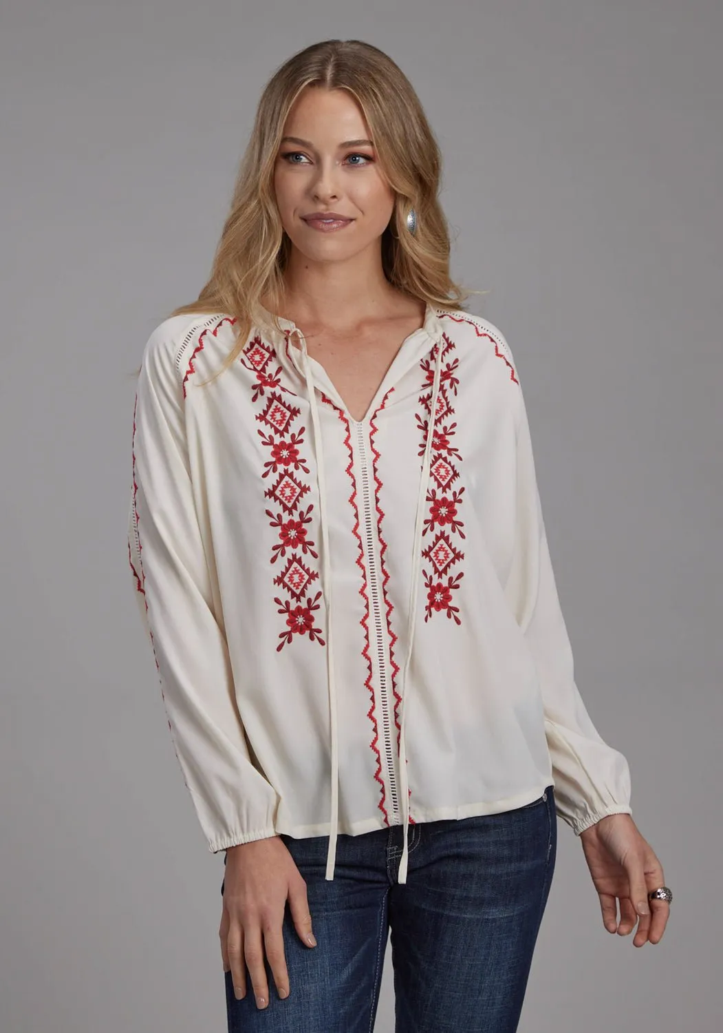 Roper Womens Red Geometric Self Tie Cream 100% Polyester L/S Blouse Thermoregulating Fabric Festive Look
