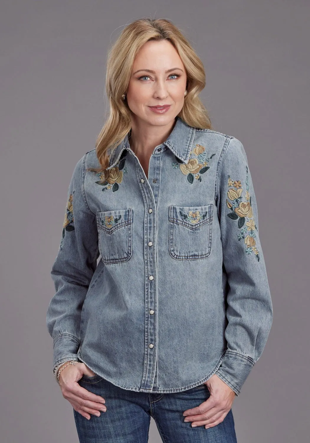 Stetson Womens Loose Fitting Light Denim 100% Cotton L/S Blouse Sustainable Choice