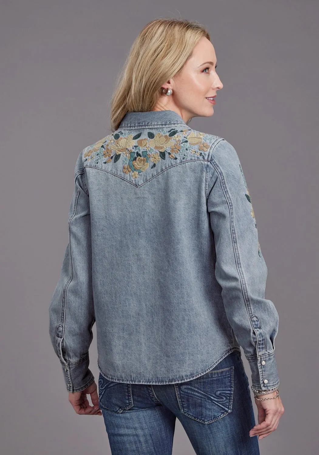 Business casual Stetson Womens Loose Fitting Light Denim 100% Cotton L/S Blouse