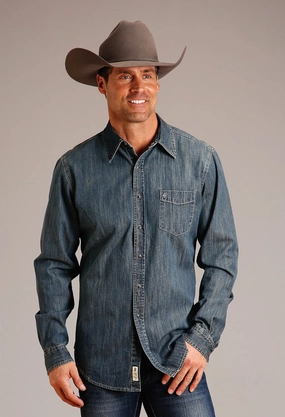 Modern Fit Stetson Mens Open Pocket Dark Dirty Denim 100% Cotton L/S Shirt Contemporary Design Stetson Mens Open Pocket Dark Dirty Denim 100% Cotton L/S Shirt