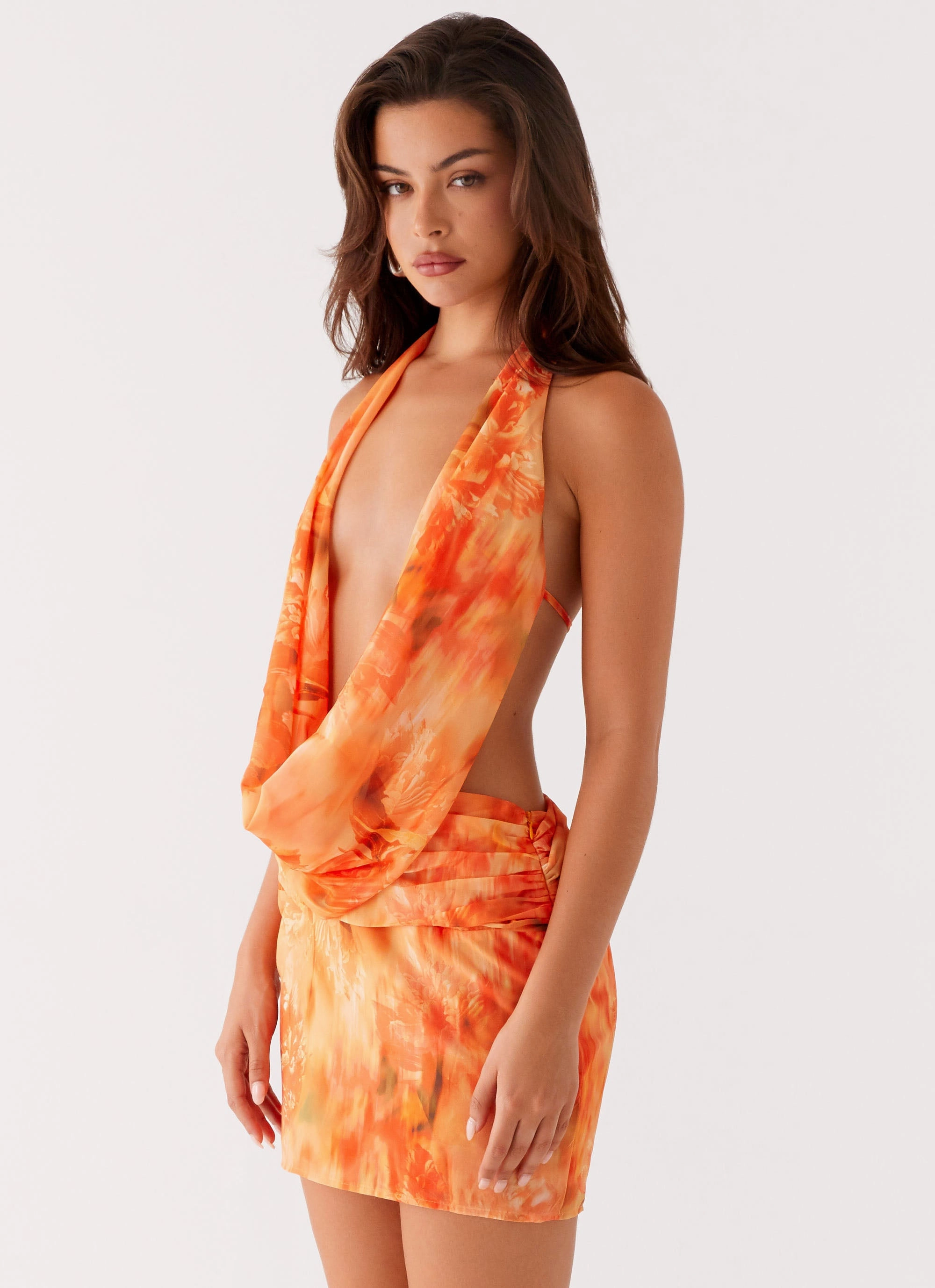 Drape Wave Feminine Charm Elysia Chiffon Mini Dress - Sunset Floral