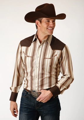 Modern looks Roper Mens Cream Ombre Stripe Brown Cotton Blend L/S Shirt Non Static Finish Multi Pocket Design Roper Mens Cream Ombre Stripe Brown Cotton Blend L/S Shirt
