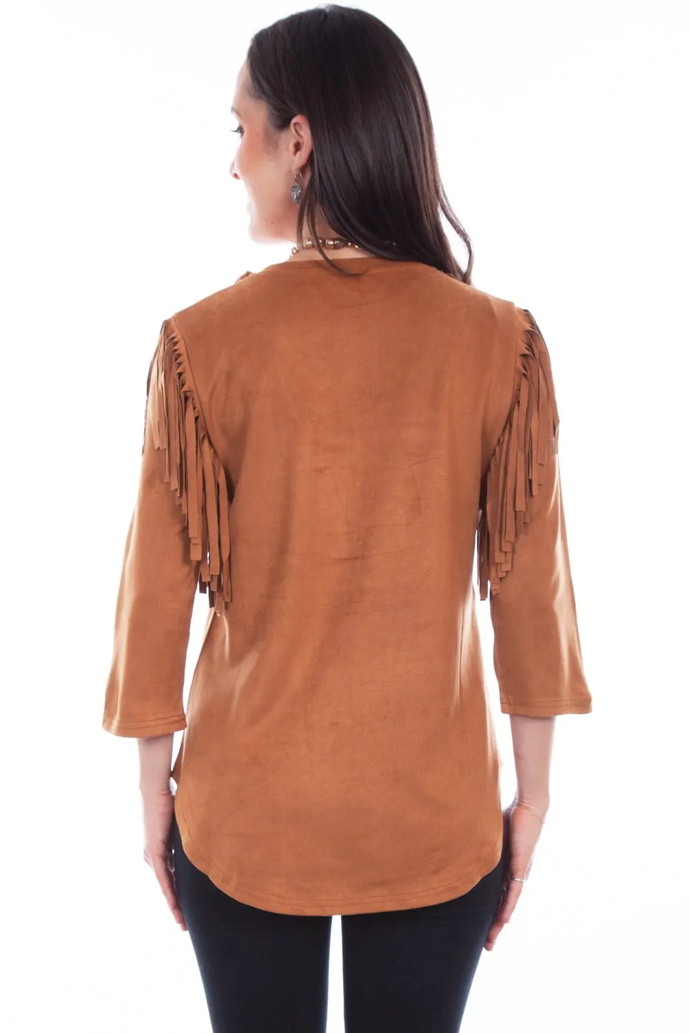 Scully Womens Pullover Fringe Brown Poly/Spandex S/S Tunic Functional Fashion Holiday Style
