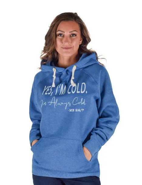 Cowgirl Tuff Womens Yes I'm Cold Royal Blue Poly/Rayon Hoodie Odor Control Coating Smart Waistband