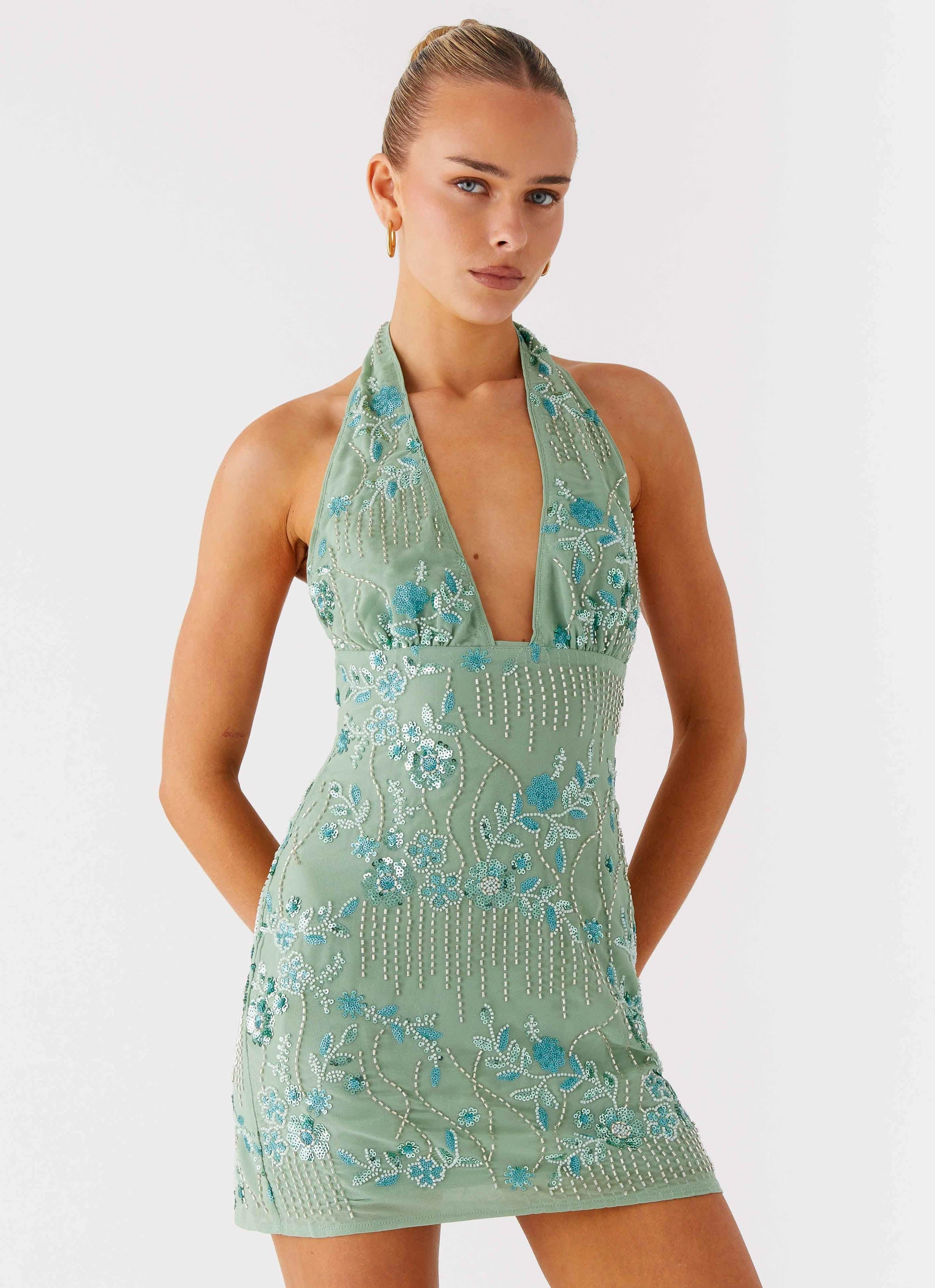 Monet Beaded Mini Dress - Mint Bodycon Fit