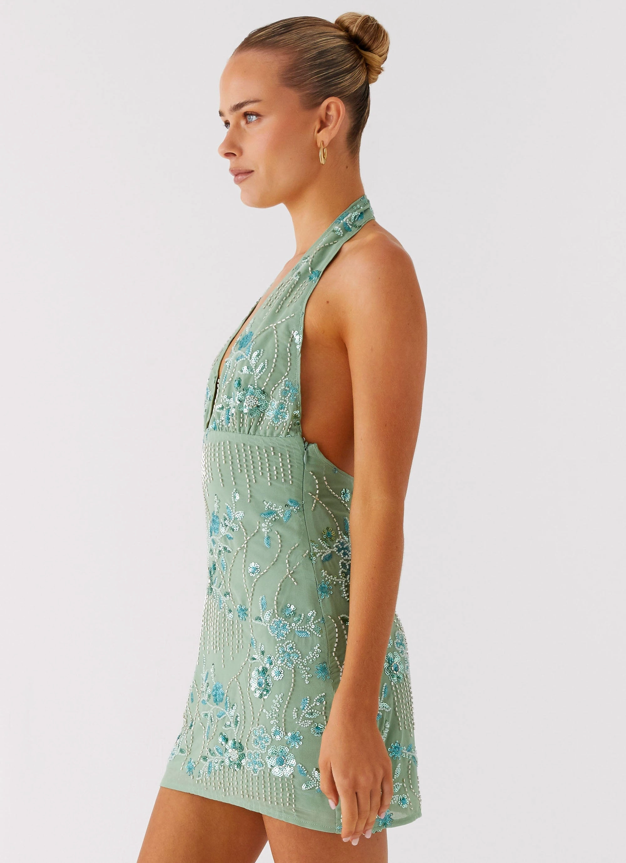 Monet Beaded Mini Dress - Mint Side-Zip