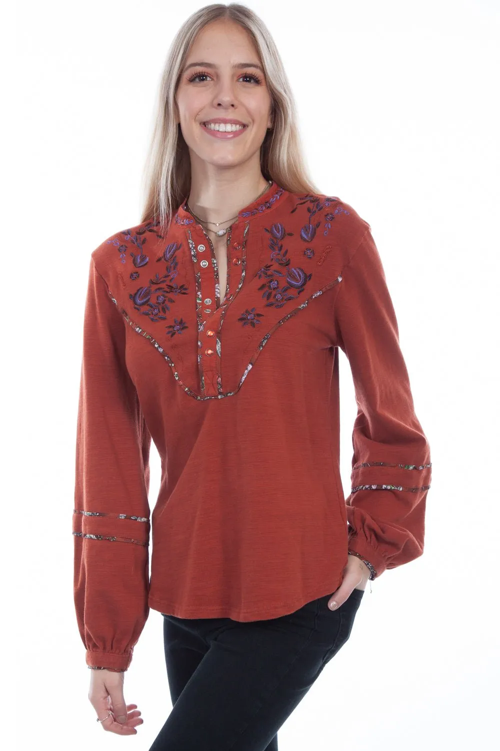 Scully Womens Rust Cotton Blend Yoke L/S Blouse Fashion Lover Youth Style Smooth Crisp Look