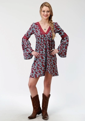 Mood Ready Roper Womens Red Rayon/Nylon Stampede Print L/S Dress Everyday Neutral All Around Roper Womens Red Rayon/Nylon Stampede Print L/S Dress