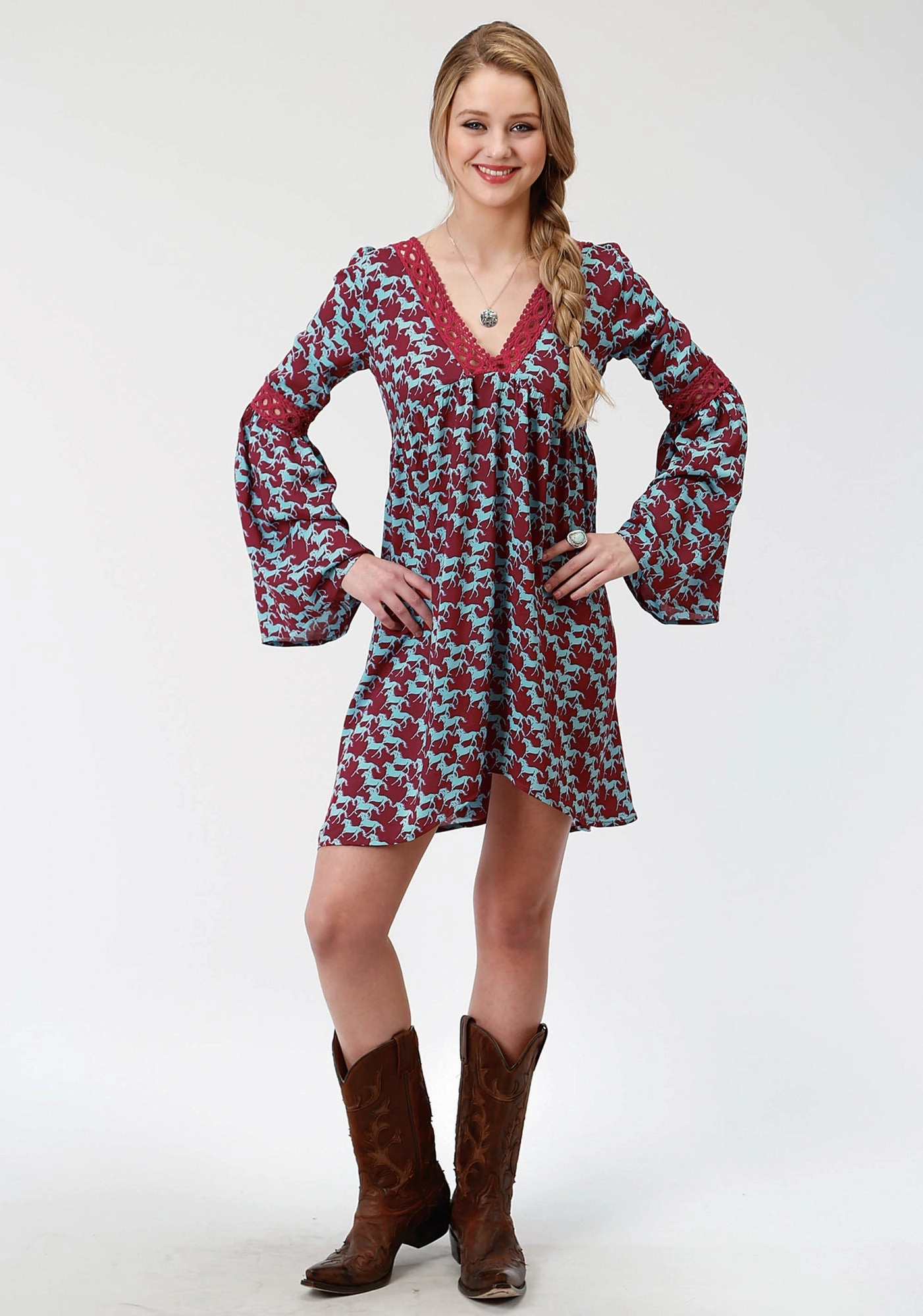Clean Fashion General Option Roper Womens Red Rayon/Nylon Stampede Print L/S Dress