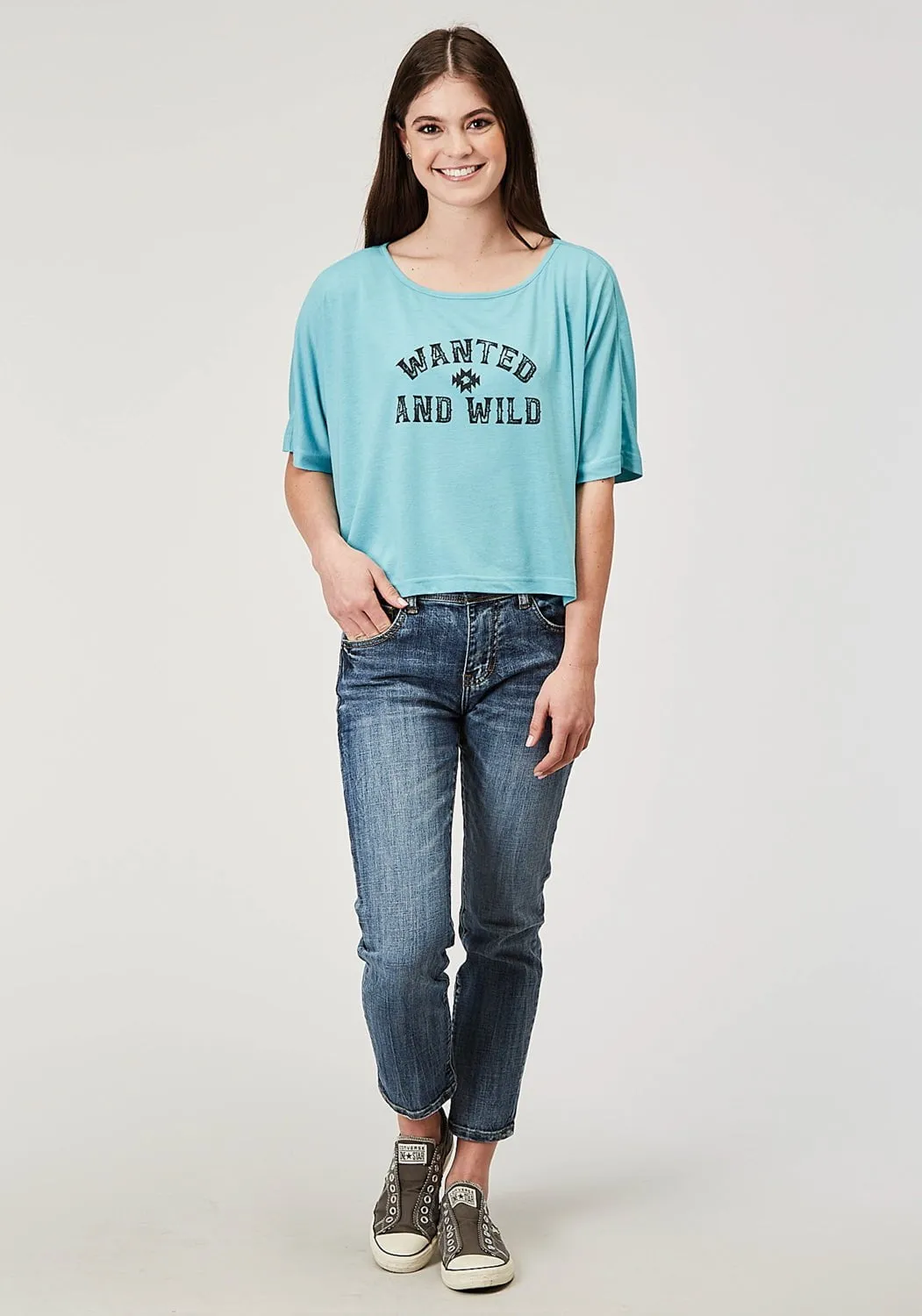 Roper Womens Wanted And Wild Blue Poly/Cotton S/S L/S T-Shirt Neutral Outfit Piece Chic Design Look