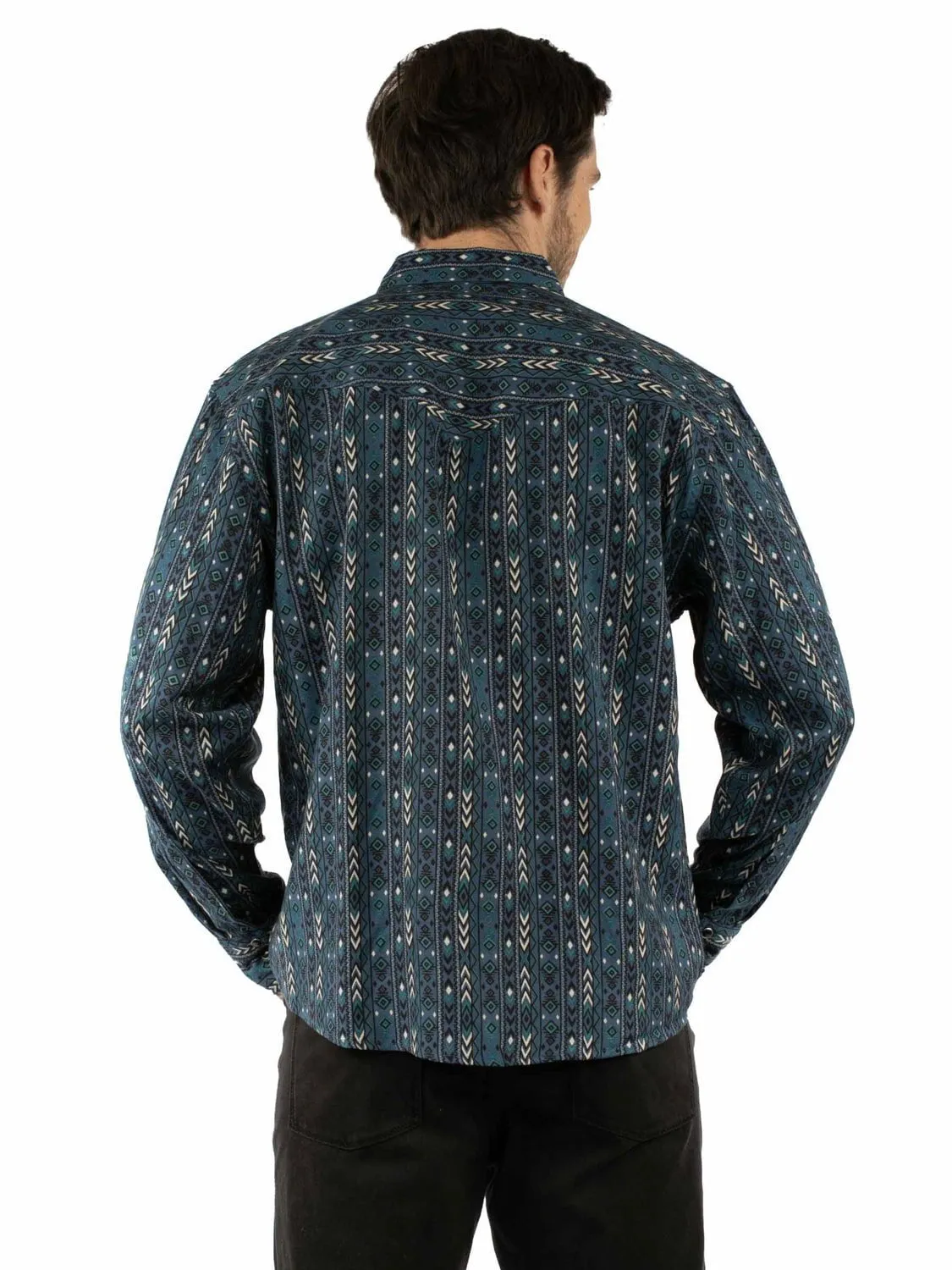 Scully Mens Weaved Aztec Stripe Blue 100% Cotton L/S Shirt Midweight Textile Cozy Wear