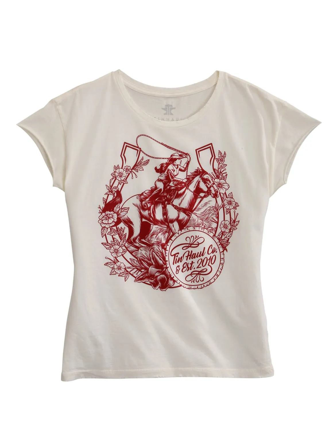 Affordable Fashion Country Escape Tin Haul Womens White 100% Cotton Floral Horseshoe S/S T-Shirt