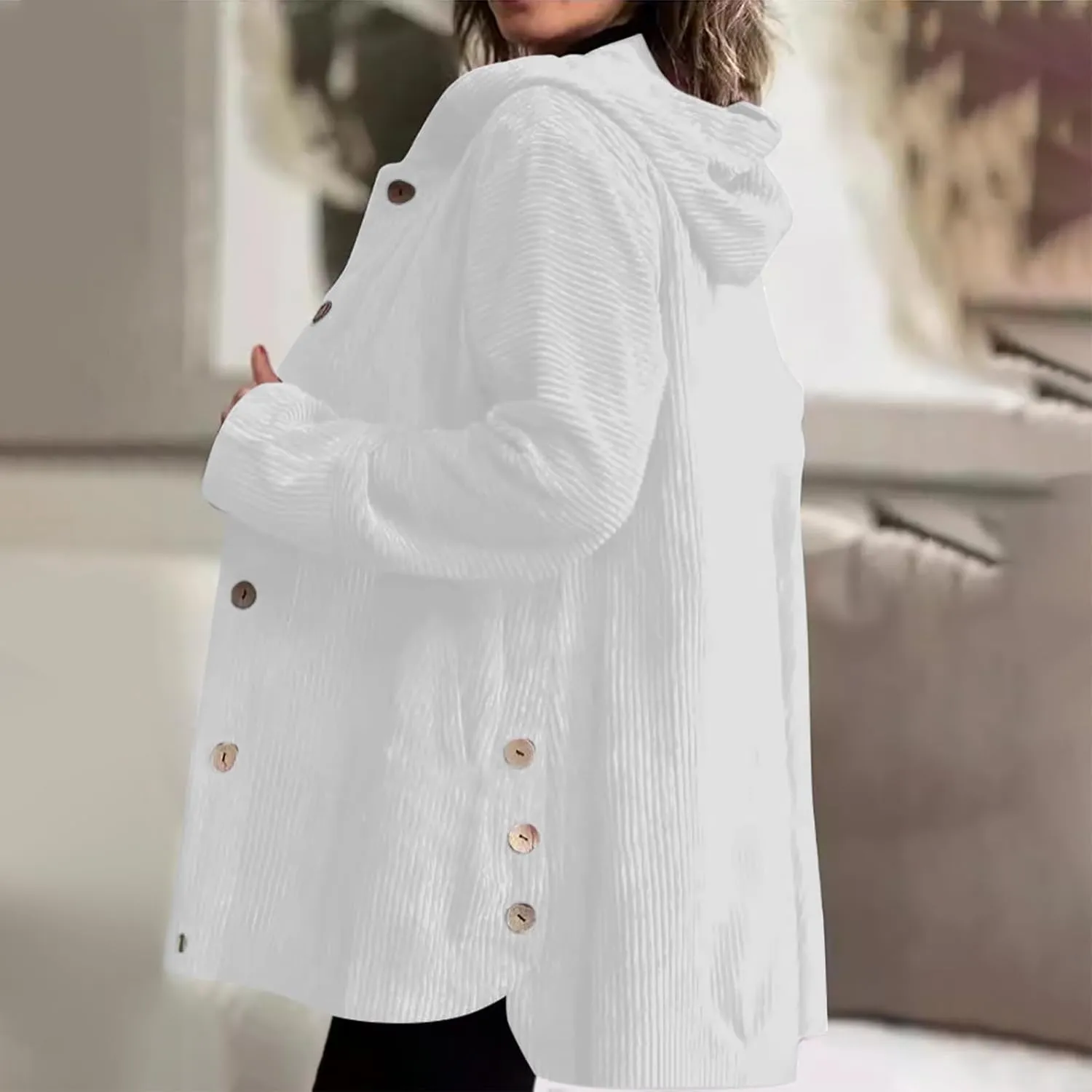 NATHGAM Women Corduroy Cardigan Sweaters Oversized Button Hooded Casual Coat Chunky Warm Fleece Knit Loose Fit Shacket Jacket