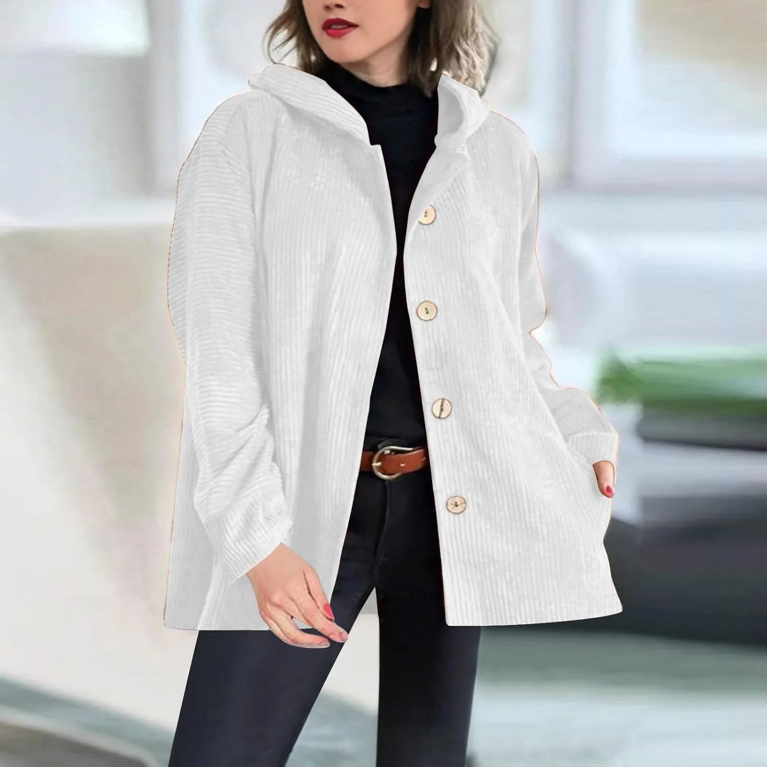 NATHGAM Women Corduroy Cardigan Sweaters Oversized Button Hooded Casual Coat Chunky Warm Fleece Knit Loose Fit Shacket Jacket