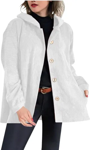 NATHGAM Women Corduroy Cardigan Sweaters Oversized Button Hooded Casual Coat Chunky Warm Fleece Knit Loose Fit Shacket Jacket