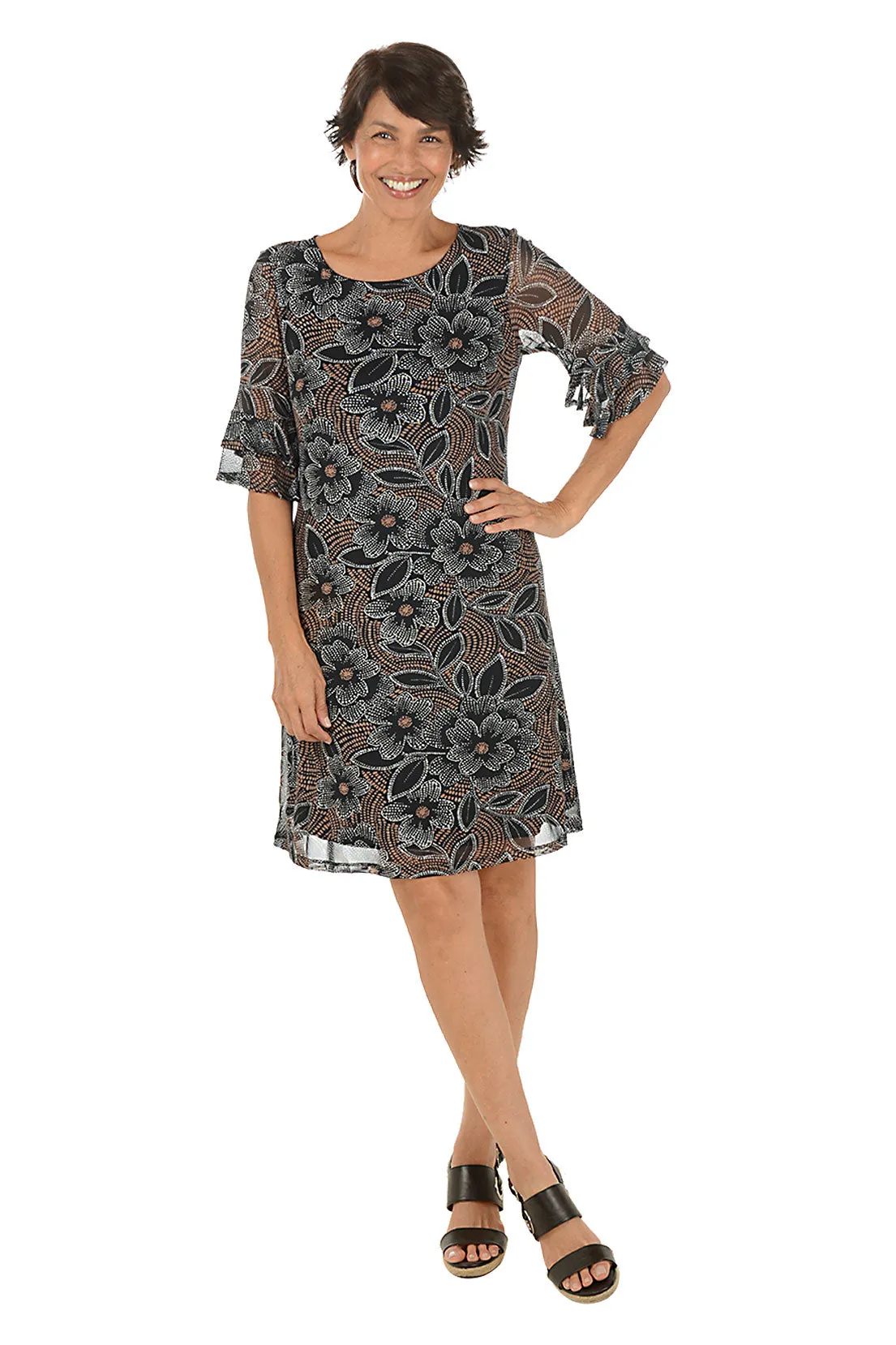 Natural Floral Mesh Ruffle Sleeve Dress Feminine Design Cozy Mood