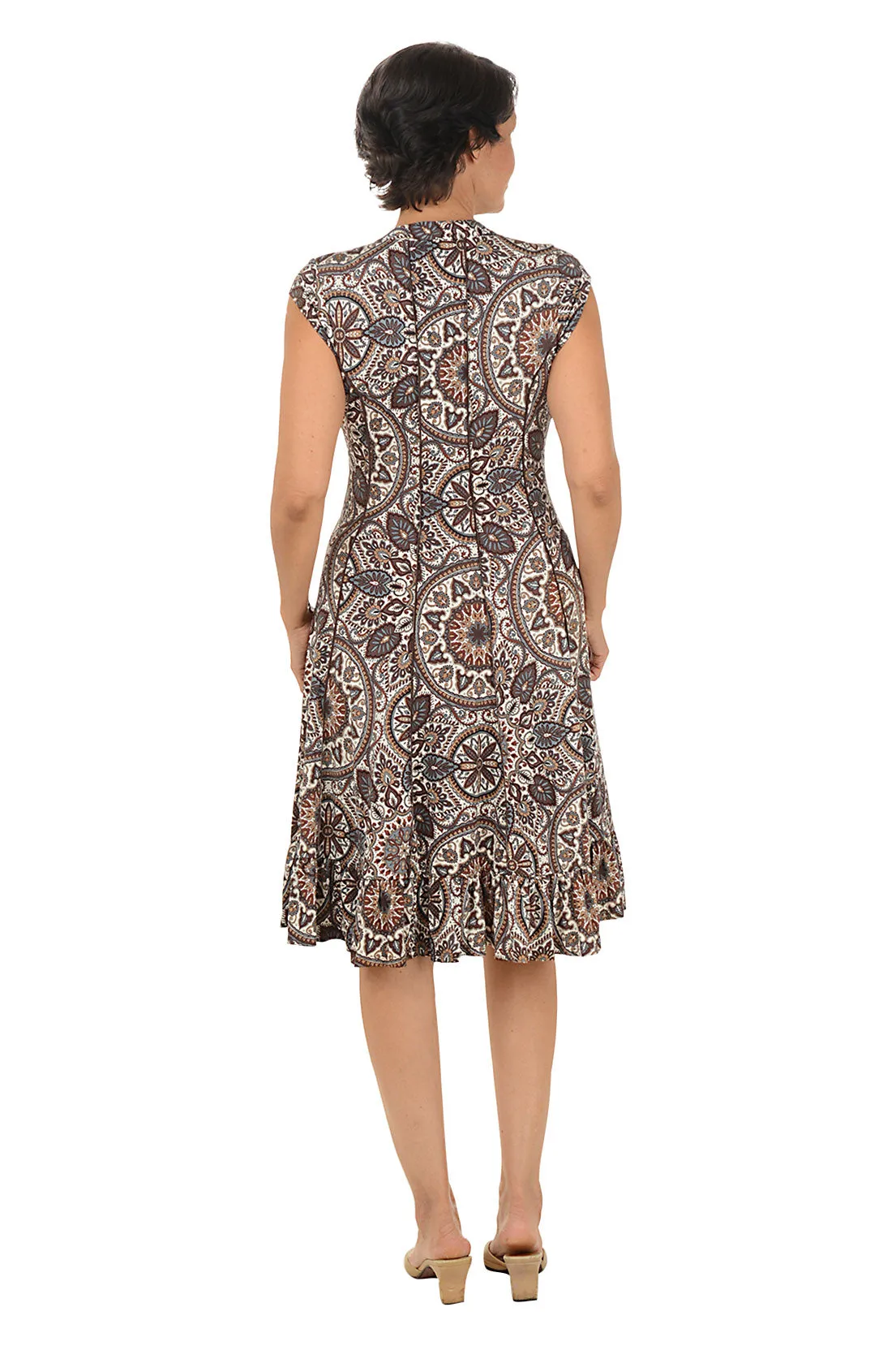 Natural Medallion Seamed Ruffle Hem Dress Feminine Fit