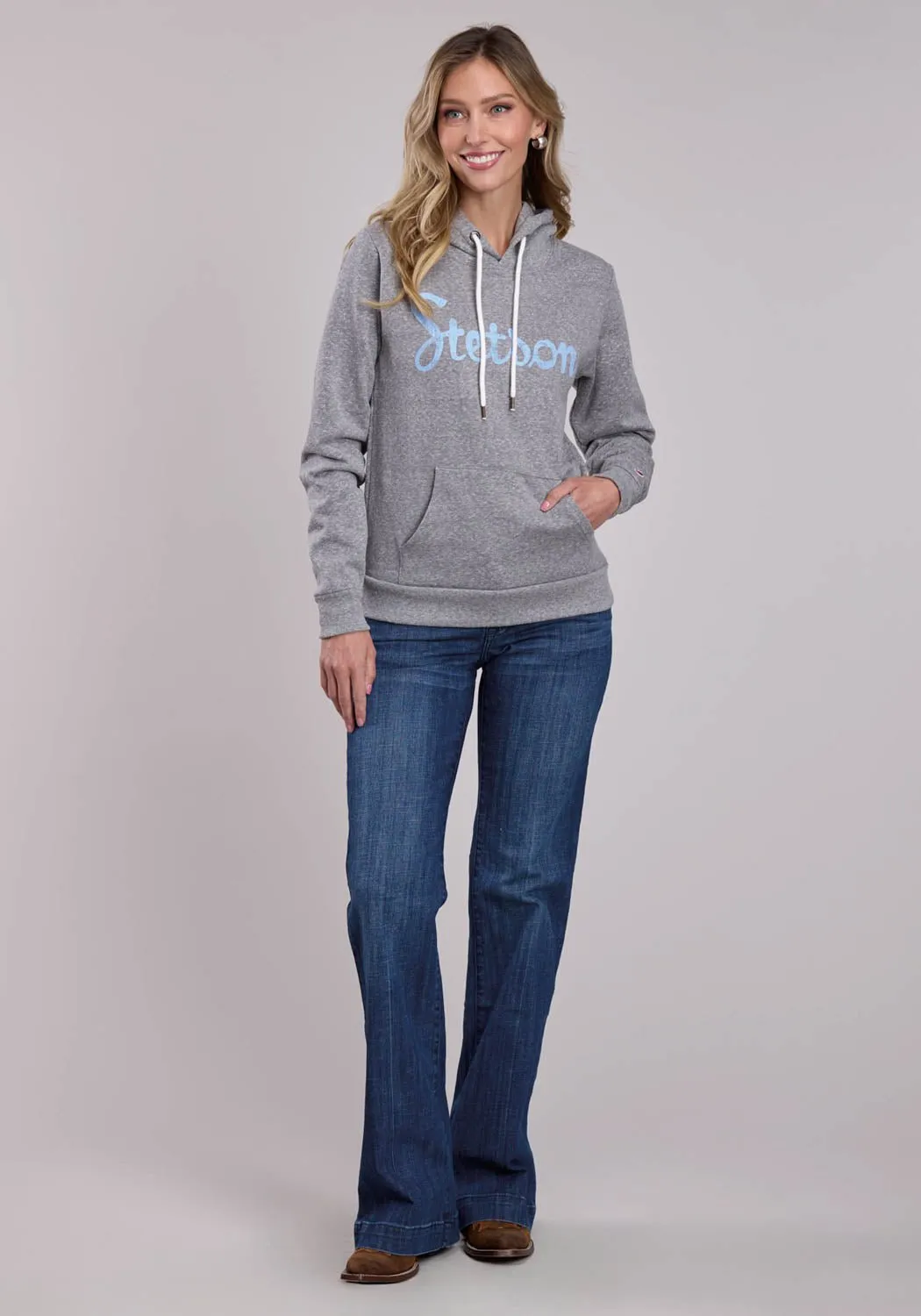 Casual Friday Picnic Style Nature Lover Stetson Womens Light Blue Script Logo Grey Cotton Blend Hoodie