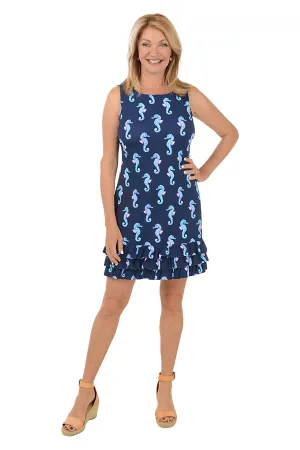 Navy Seahorses UPF50  Ruffle Dress Casual Fit Wear Trendy Appearance Resort Outfit Navy Seahorses UPF50  Ruffle Dress