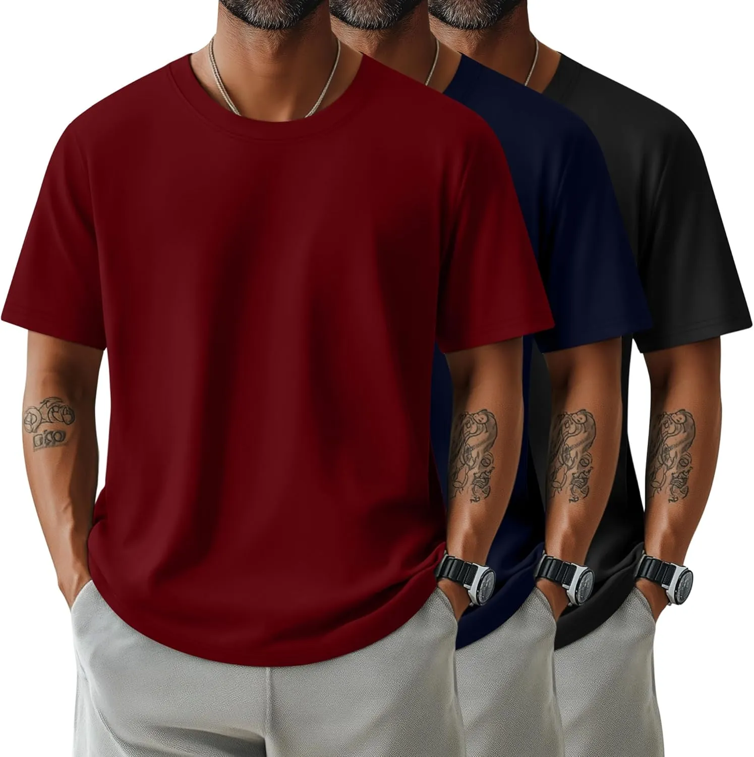 Neer 3 Pack Men's Round Neck T Shirts 95% Cotton M-7xl Big Tall Regular Tees Soft Short Sleeve 2025 Summer Basic Tops