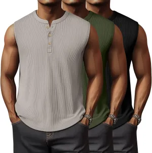 Neer 3 Pack Ribbed Tank Tops for Men Summer Sleeveless Henley Shirts Crewneck Tees Muscle Slim Fit Tank Top
