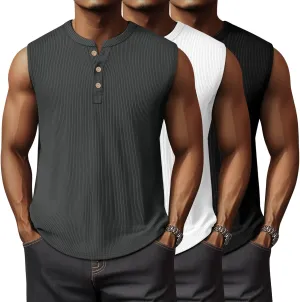 Neer 3 Pack Ribbed Tank Tops for Men Summer Sleeveless Henley Shirts Crewneck Tees Muscle Slim Fit Tank Top