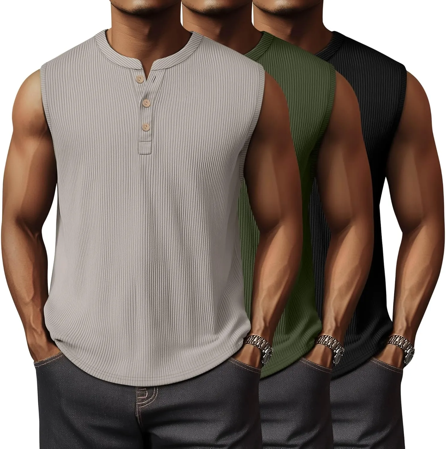 Neer 3 Pack Ribbed Tank Tops for Men Summer Sleeveless Henley Shirts Crewneck Tees Muscle Slim Fit Tank Top