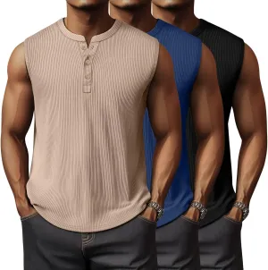 Neer 3 Pack Ribbed Tank Tops for Men Summer Sleeveless Henley Shirts Crewneck Tees Muscle Slim Fit Tank Top