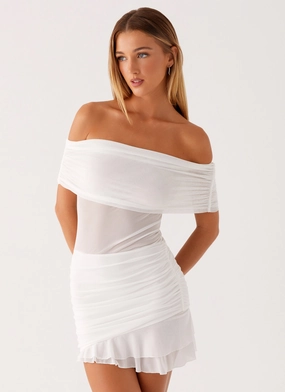 Nelly Off Shoulder Mini Dress - White Smooth Sets Nelly Off Shoulder Mini Dress - White Cozy Mood
