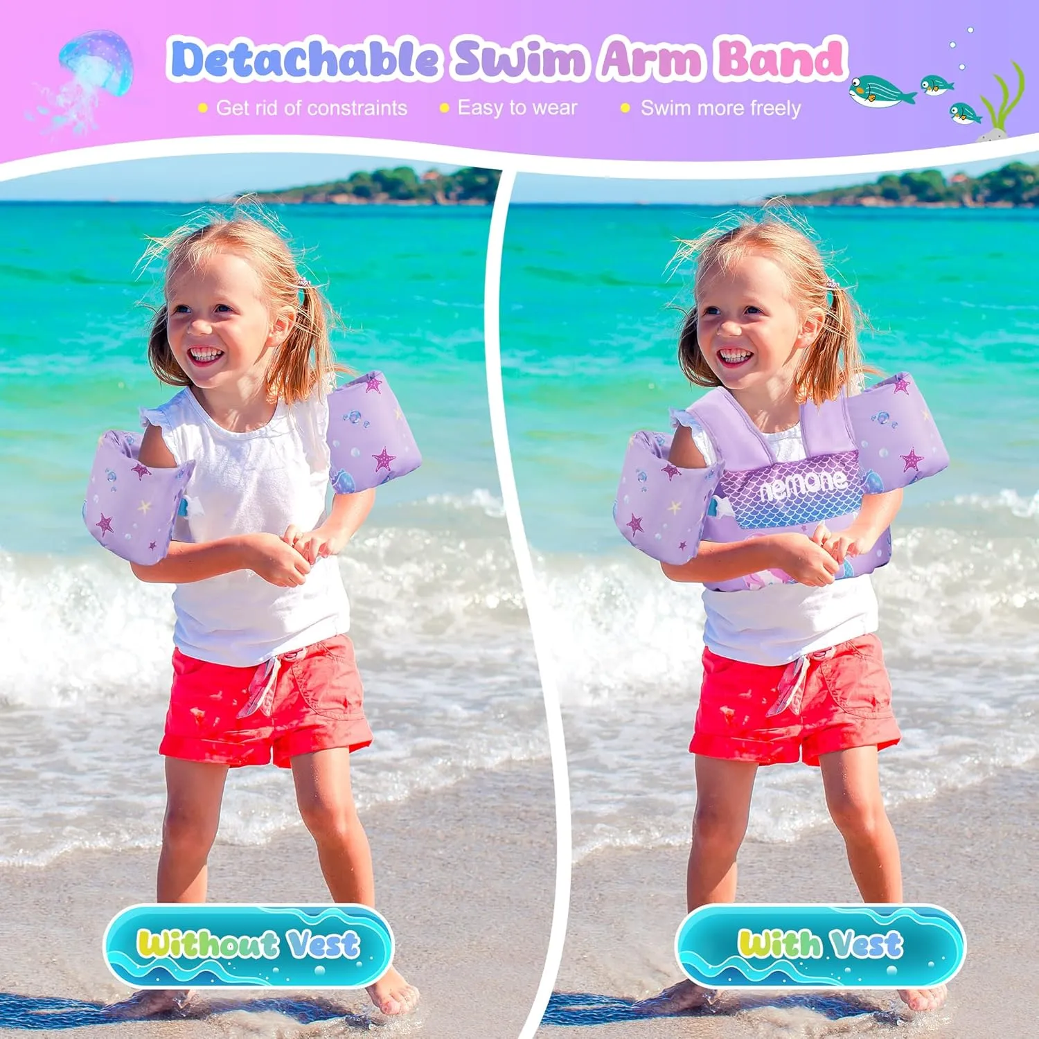 Nemone Toddler Swim Vest for 22-70 lbs Kids Floaties Swim Jacket with Arm Water Wings for Girls Boys 1 2 3 4 5 6 7 Years Old Beach Pool 20 30 40 50 60 66 Pounds Puddle Jumper