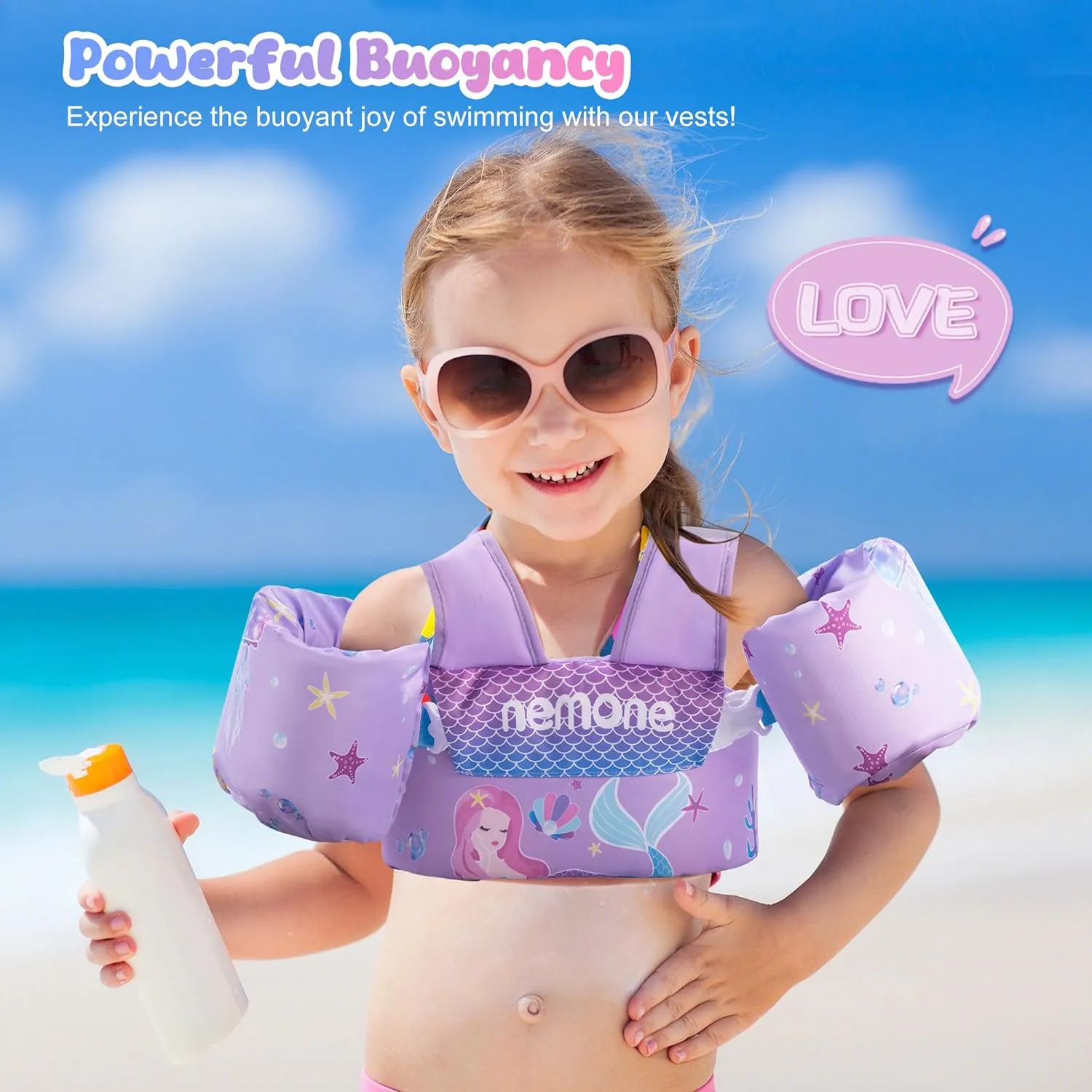 Nemone Toddler Swim Vest for 22-70 lbs Kids Floaties Swim Jacket with Arm Water Wings for Girls Boys 1 2 3 4 5 6 7 Years Old Beach Pool 20 30 40 50 60 66 Pounds Puddle Jumper
