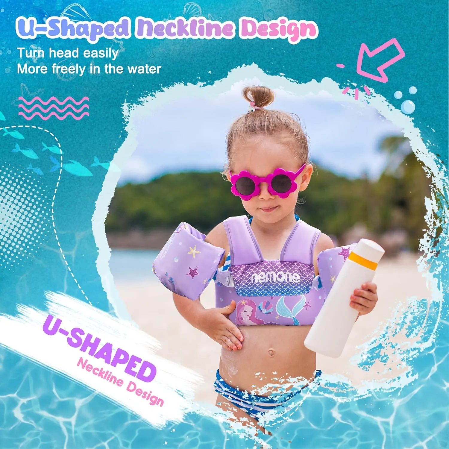 Nemone Toddler Swim Vest for 22-70 lbs Kids Floaties Swim Jacket with Arm Water Wings for Girls Boys 1 2 3 4 5 6 7 Years Old Beach Pool 20 30 40 50 60 66 Pounds Puddle Jumper