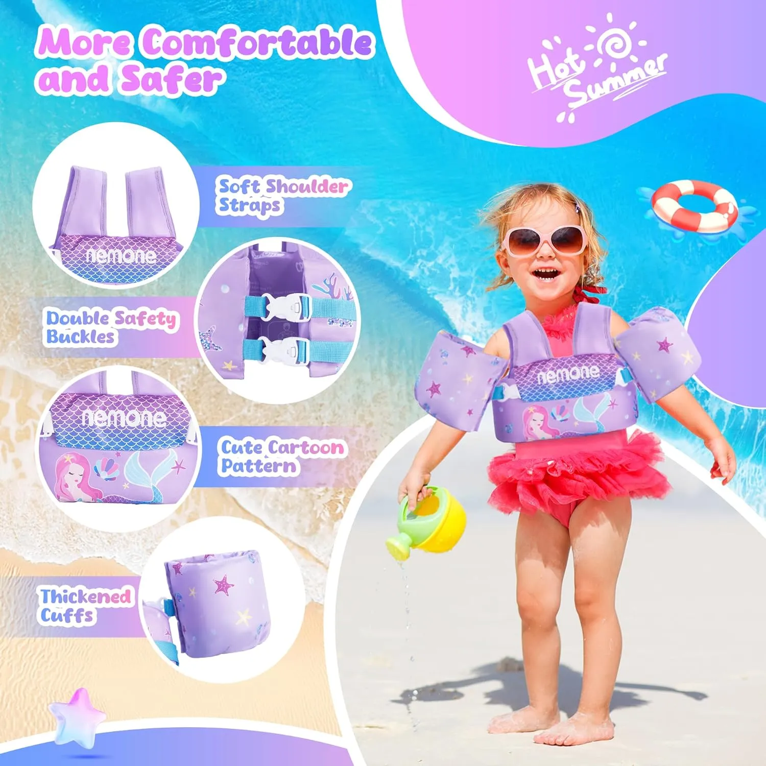 Nemone Toddler Swim Vest for 22-70 lbs Kids Floaties Swim Jacket with Arm Water Wings for Girls Boys 1 2 3 4 5 6 7 Years Old Beach Pool 20 30 40 50 60 66 Pounds Puddle Jumper