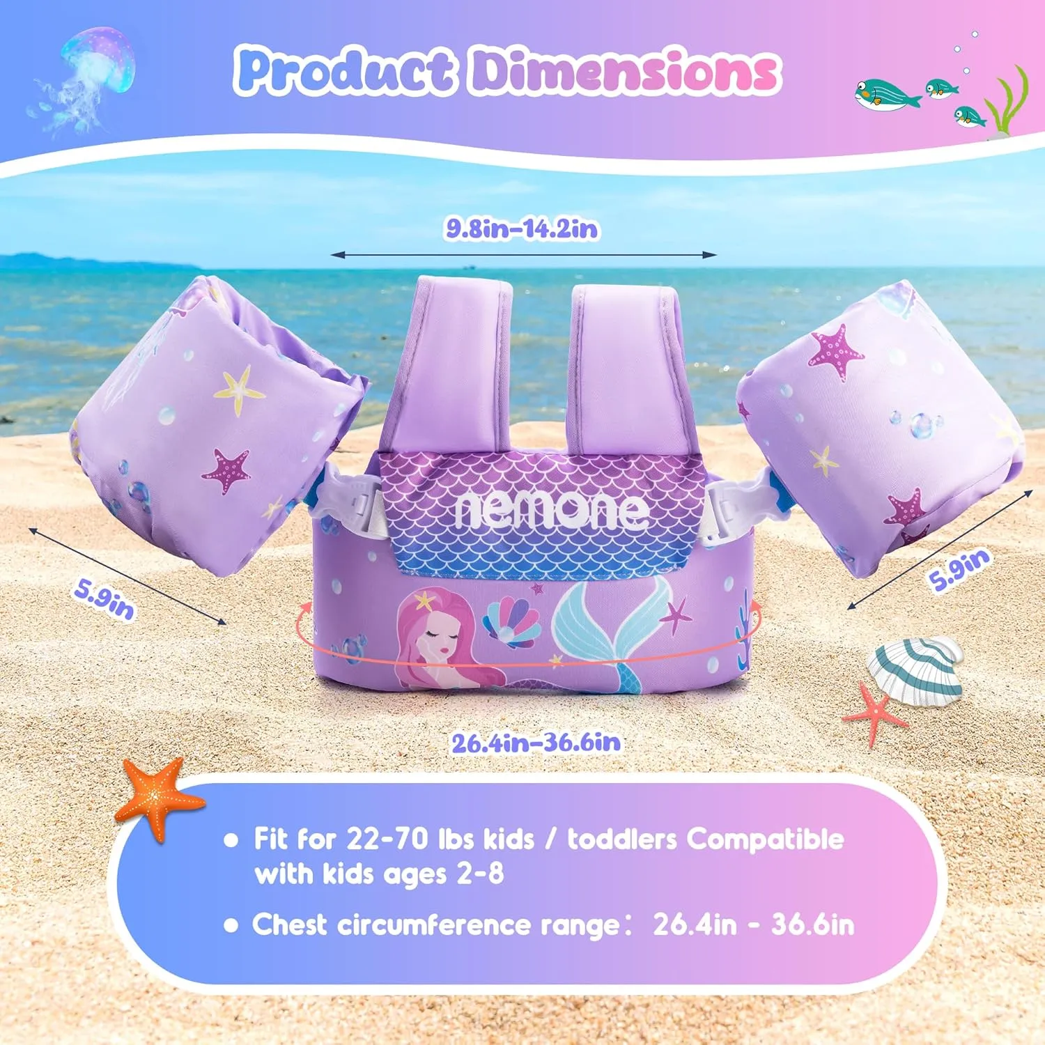 Nemone Toddler Swim Vest for 22-70 lbs Kids Floaties Swim Jacket with Arm Water Wings for Girls Boys 1 2 3 4 5 6 7 Years Old Beach Pool 20 30 40 50 60 66 Pounds Puddle Jumper