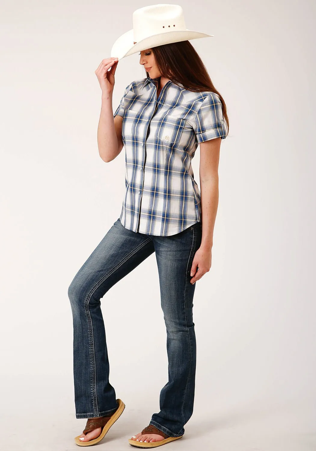 Summer Outfit Flexible Wear Roper Womens Blue 100% Cotton Denim Ombre S/S Shirt
