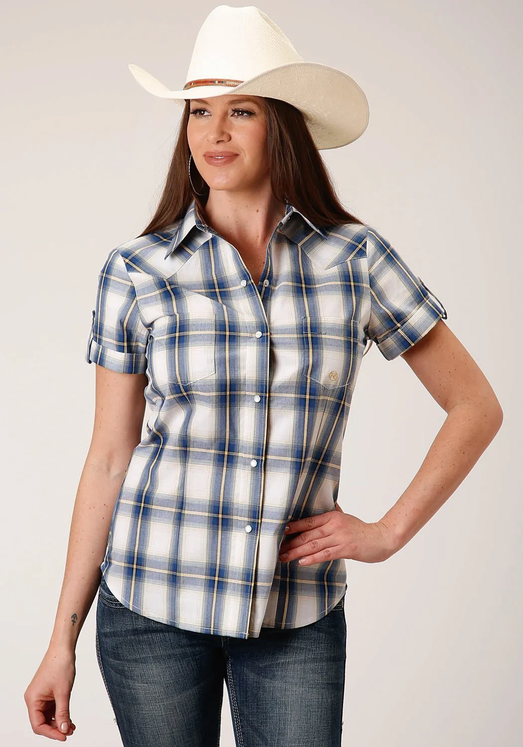 Roper Womens Blue 100% Cotton Denim Ombre S/S Shirt Pocket Detailing