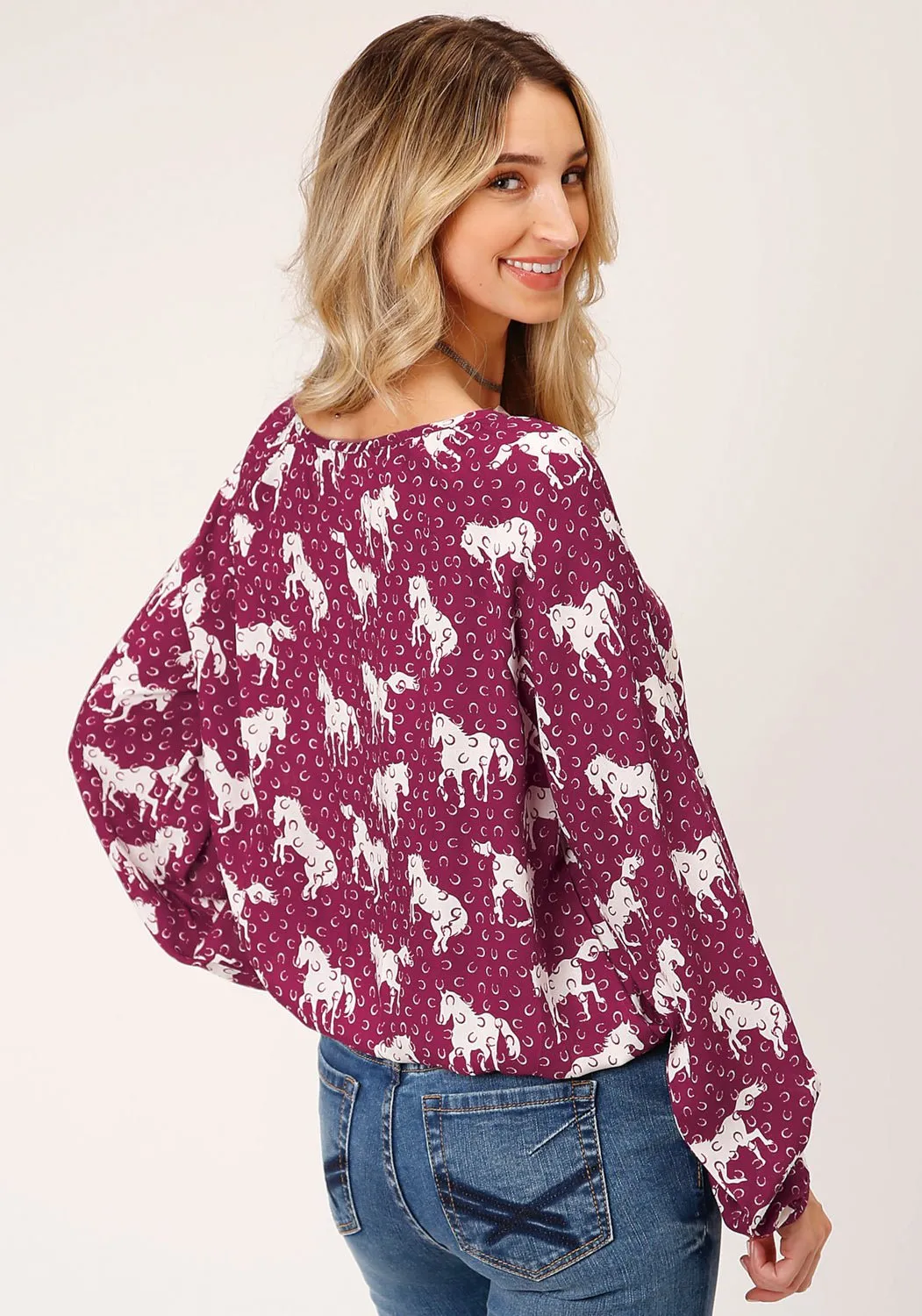 Roper Womens Horse Peasant Red 100% Rayon L/S Blouse Comfy Layer Micro Perforated Texture