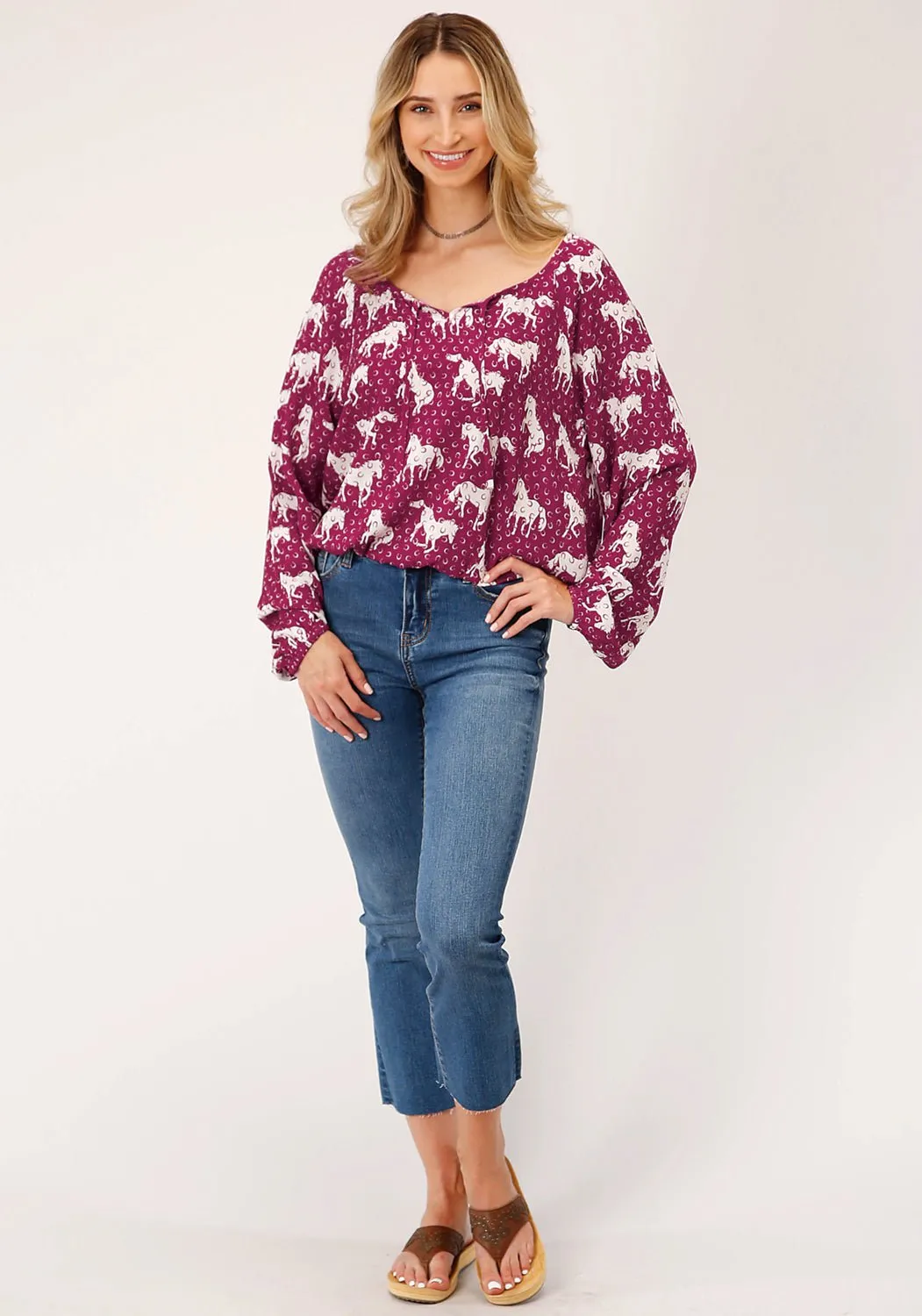 Cultural Inspired Sporty Design Roper Womens Horse Peasant Red 100% Rayon L/S Blouse
