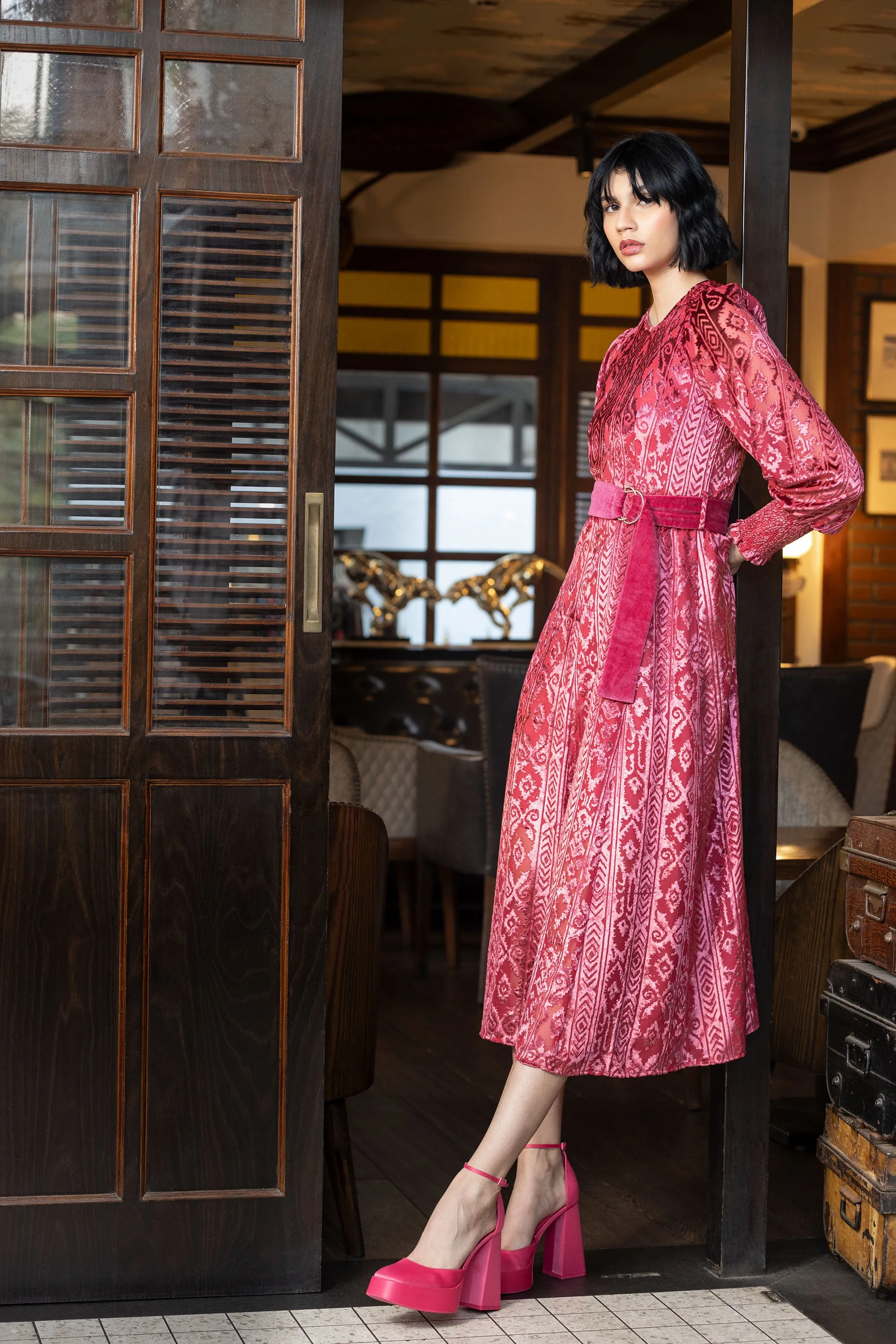 Sharon Devore Dress in Fuchsia Formed Look