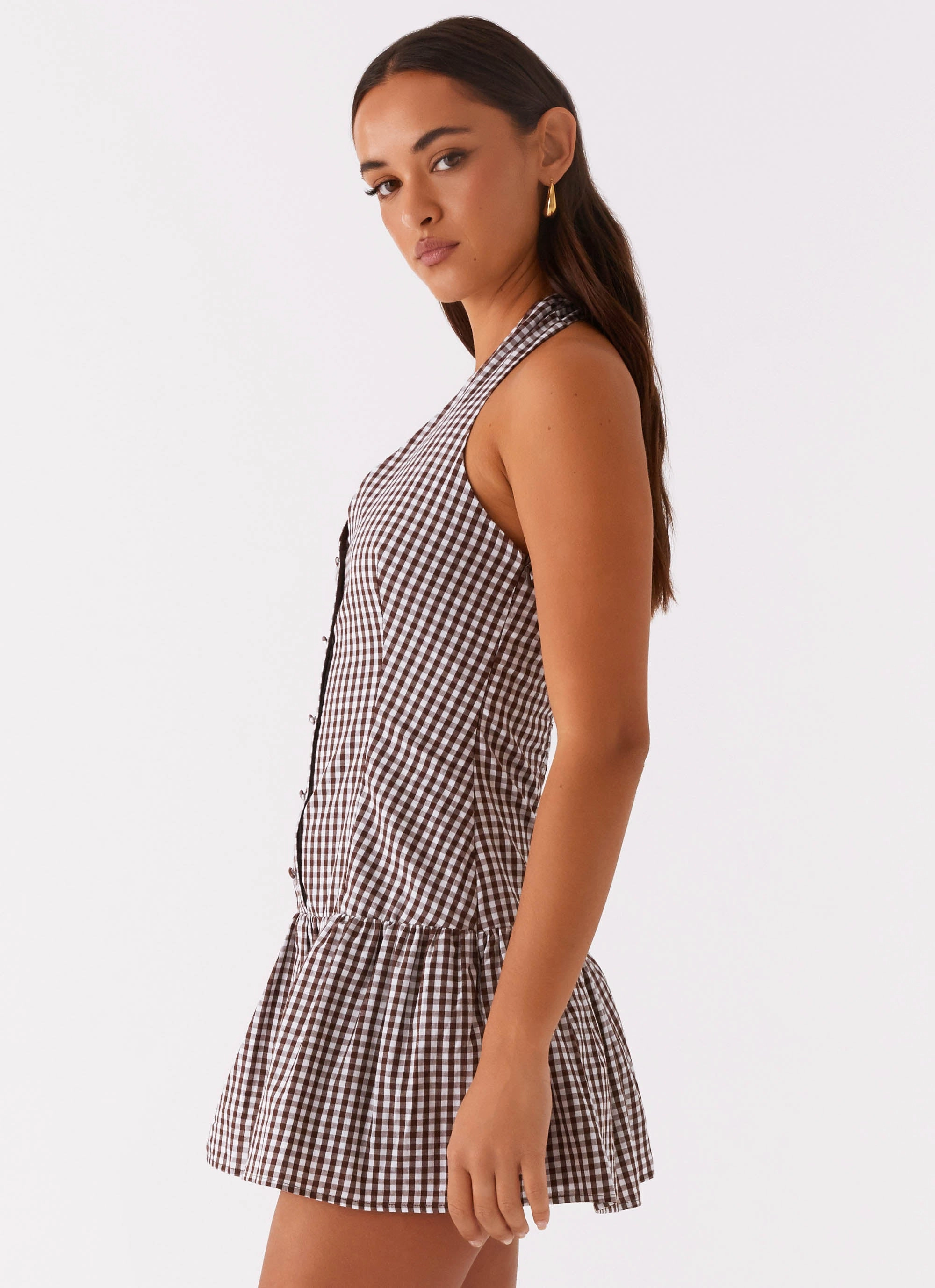 Timeless Waist Fit Stream Cut New Look Shirred Halter Mini Dress - Chocolate Gingham