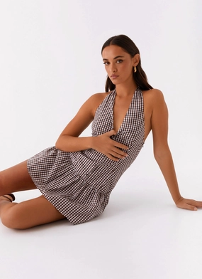 New Look Shirred Halter Mini Dress - Chocolate Gingham Polished Finish Urban Cool New Look Shirred Halter Mini Dress - Chocolate Gingham