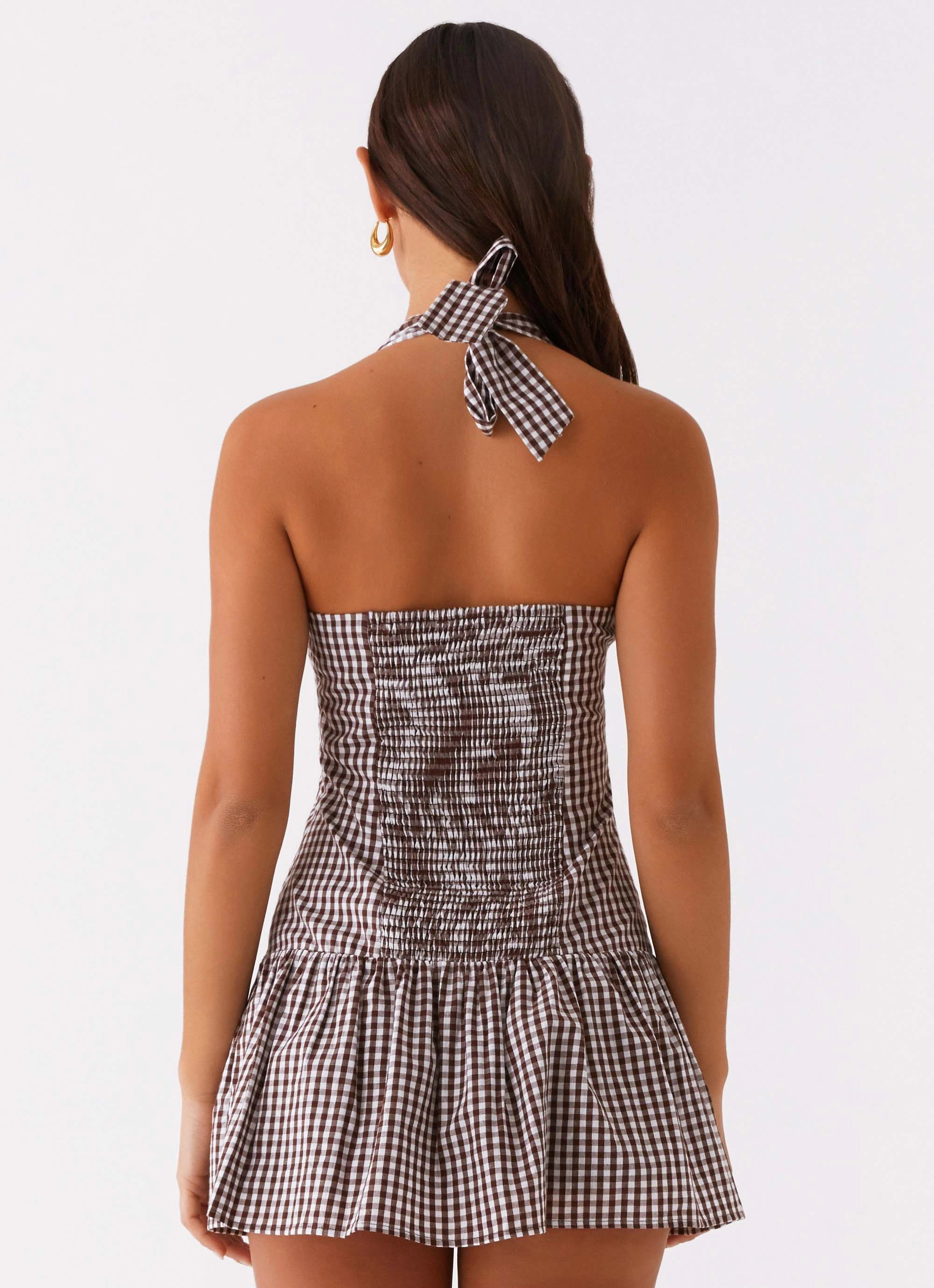 Mini-Length Sharp Design New Look Shirred Halter Mini Dress - Chocolate Gingham